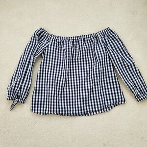 Vineyard Vines Blue White Gingham Off Shoulder Top with Tie Cuff Sleeves sz10